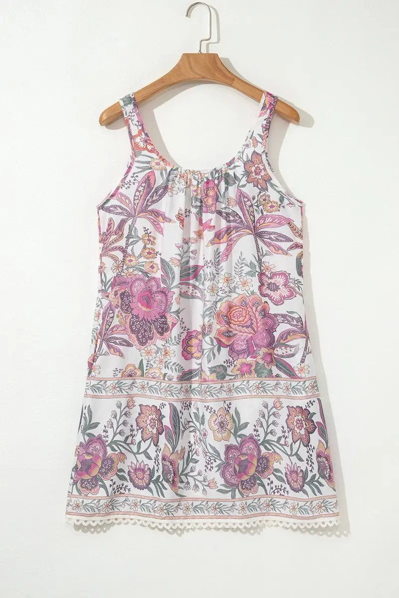 Multicolour Floral Print Fringed Tie U Neck Mini Dress - Love Salve